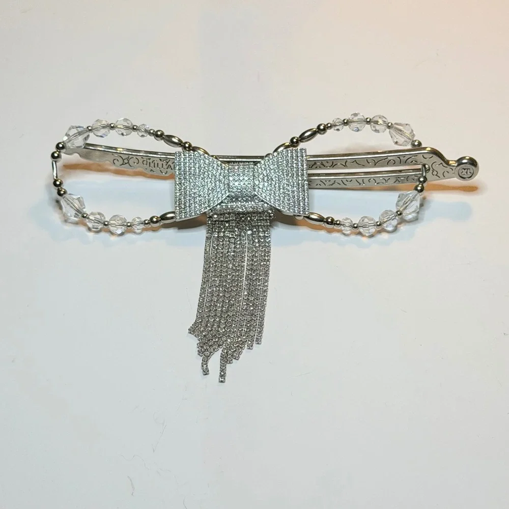 Lilla Rose Flexi Clip Silver Rhinestone Bow Crystal Tassel Hair Accessory XL